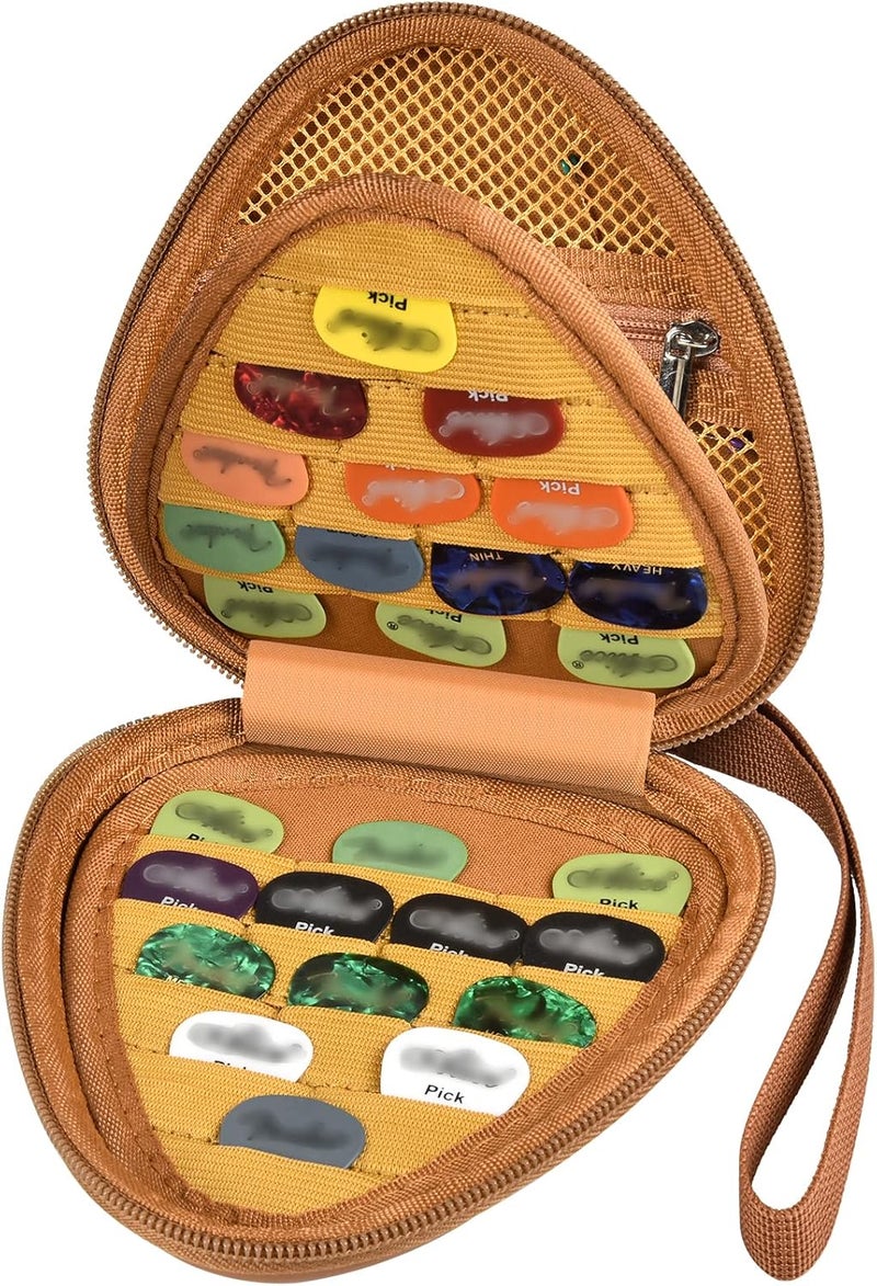 Comecase Guitar Picks Holder Case for Acoustic Electric Guitar Holds Over 39 Packs, Variety Pack Bass Picks Storage Pouch Organizer, Guitar Plectrums Bag with Mesh Pocket for Other Accessories - Brown - Image 1